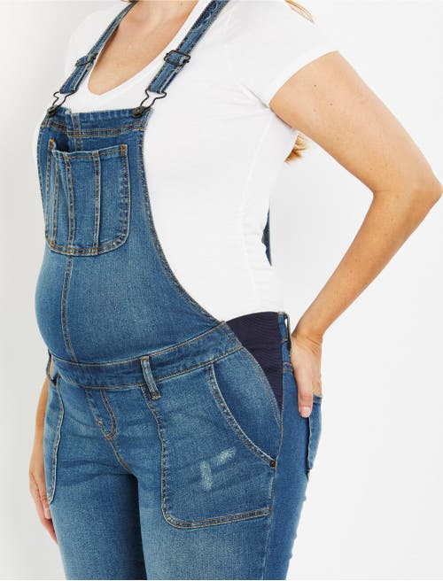 Motherhood Maternity Indigo Blue Side-panel Letdown Skinny Ankle Denim Overalls In Blue