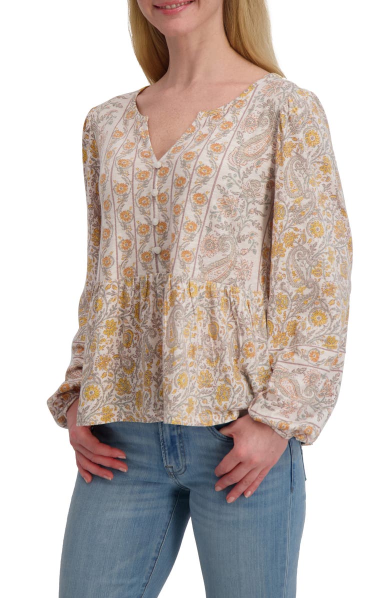 Lucky Brand Long Sleeve Cotton Peplum Top, Alternate, color, Cream Floral