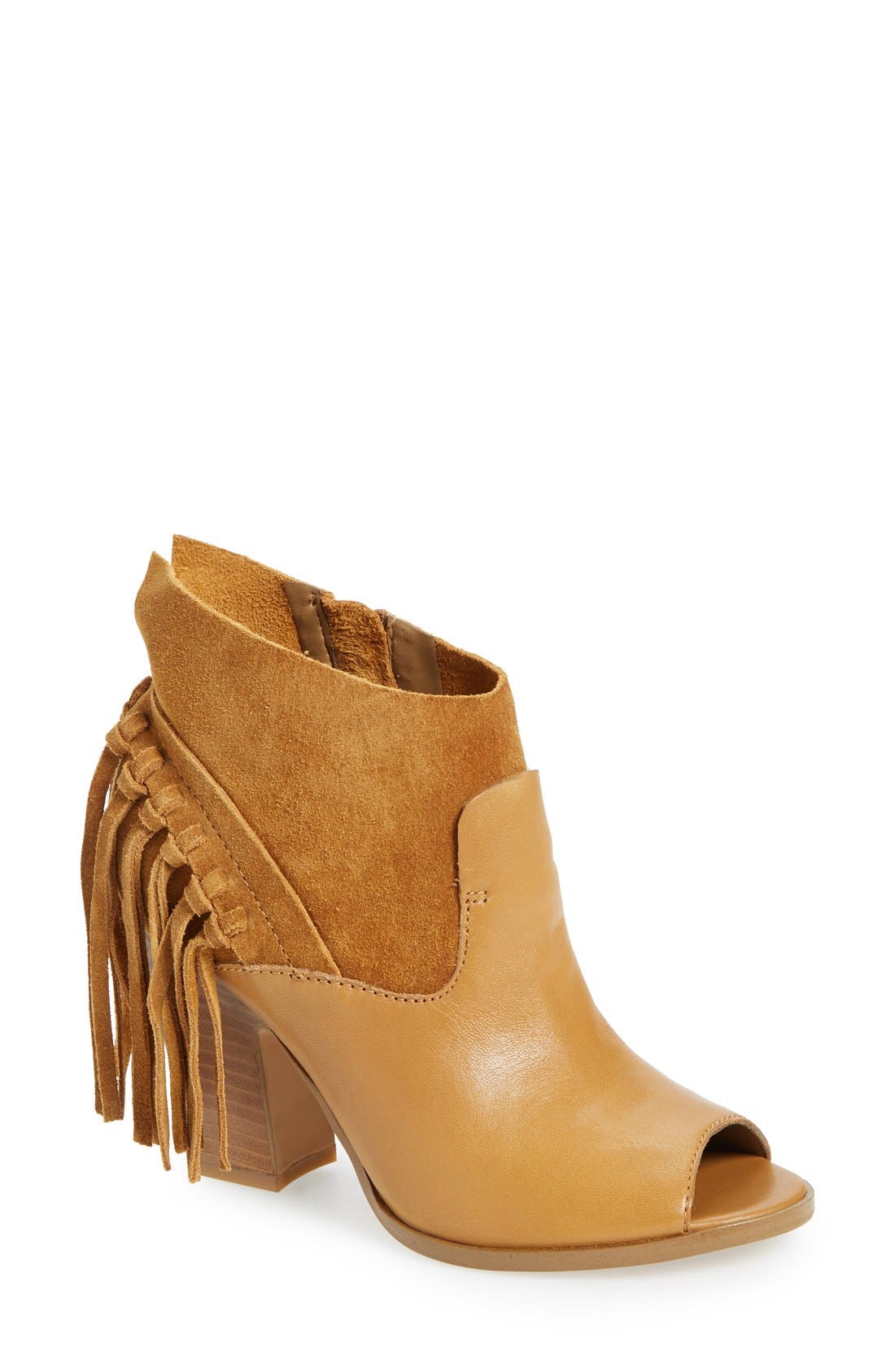 'Onita' Fringe Peep Toe Bootie, Main, color, COGNAC SUEDE