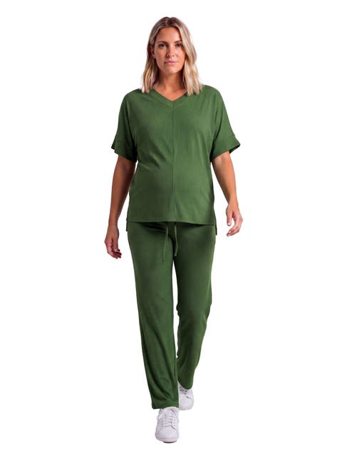 Maternity Basic Ribbed Knit Dolman Sleeve V-Neck Top and Drawstring Wide Leg Pant Set
