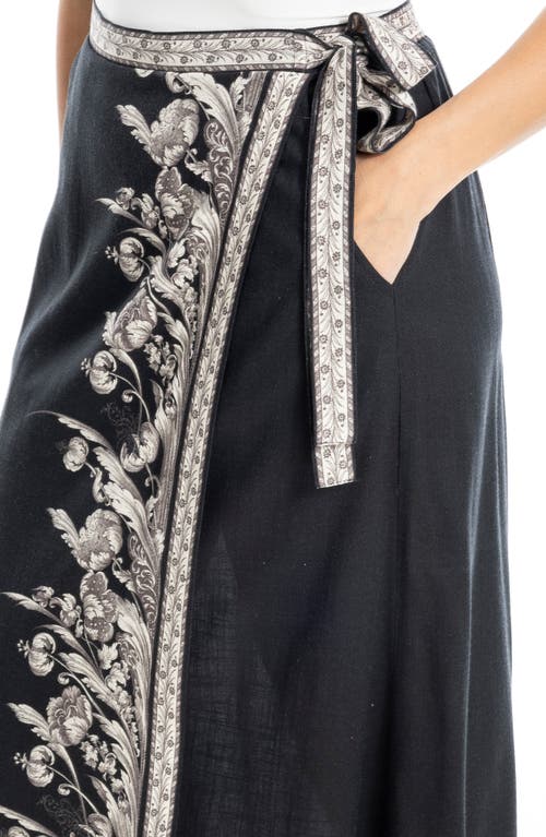 Max Studio Floral Border Faux Wrap Skirt In Black Penny Feather Leaves