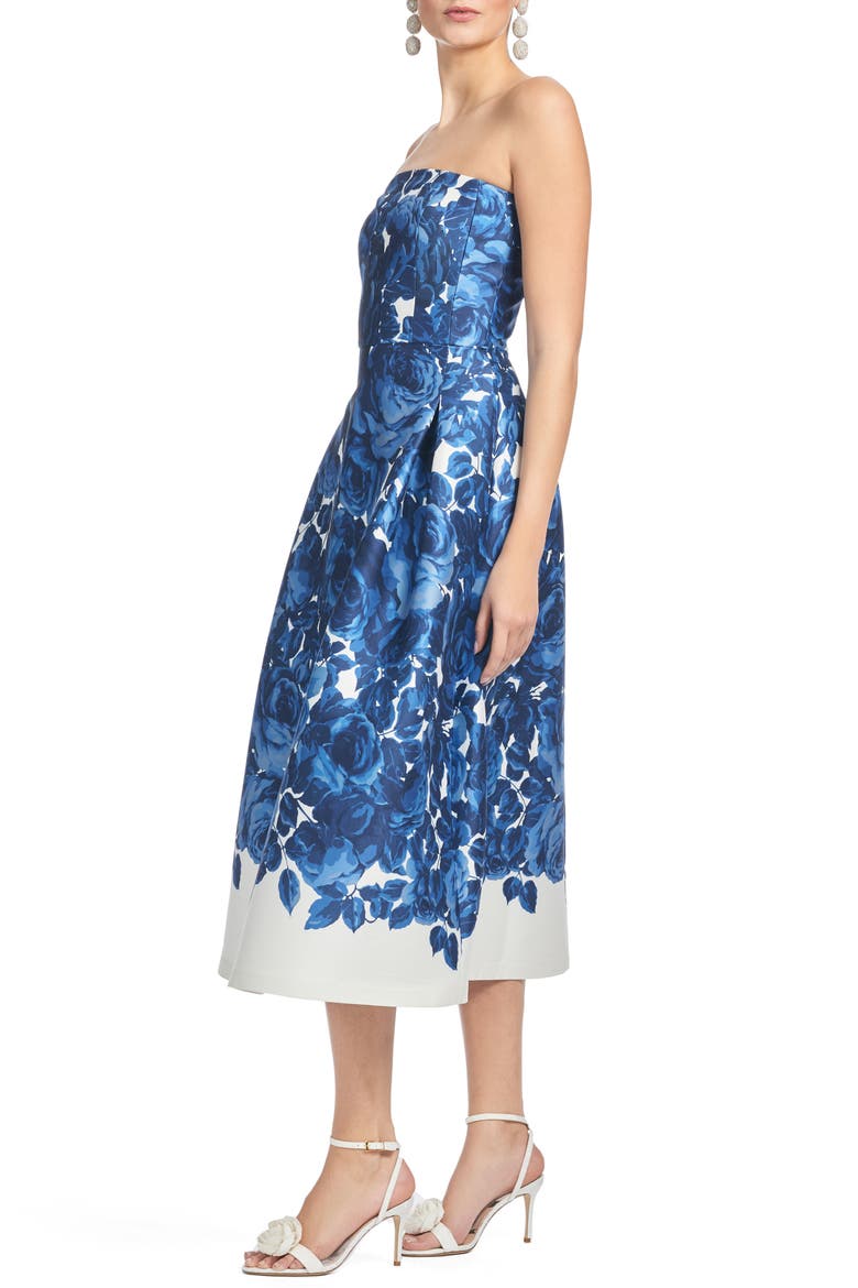 Shay Floral Strapless Stretch Mikado Cocktail Midi Dress, Alternate, color, NOCTURNE ROSES
