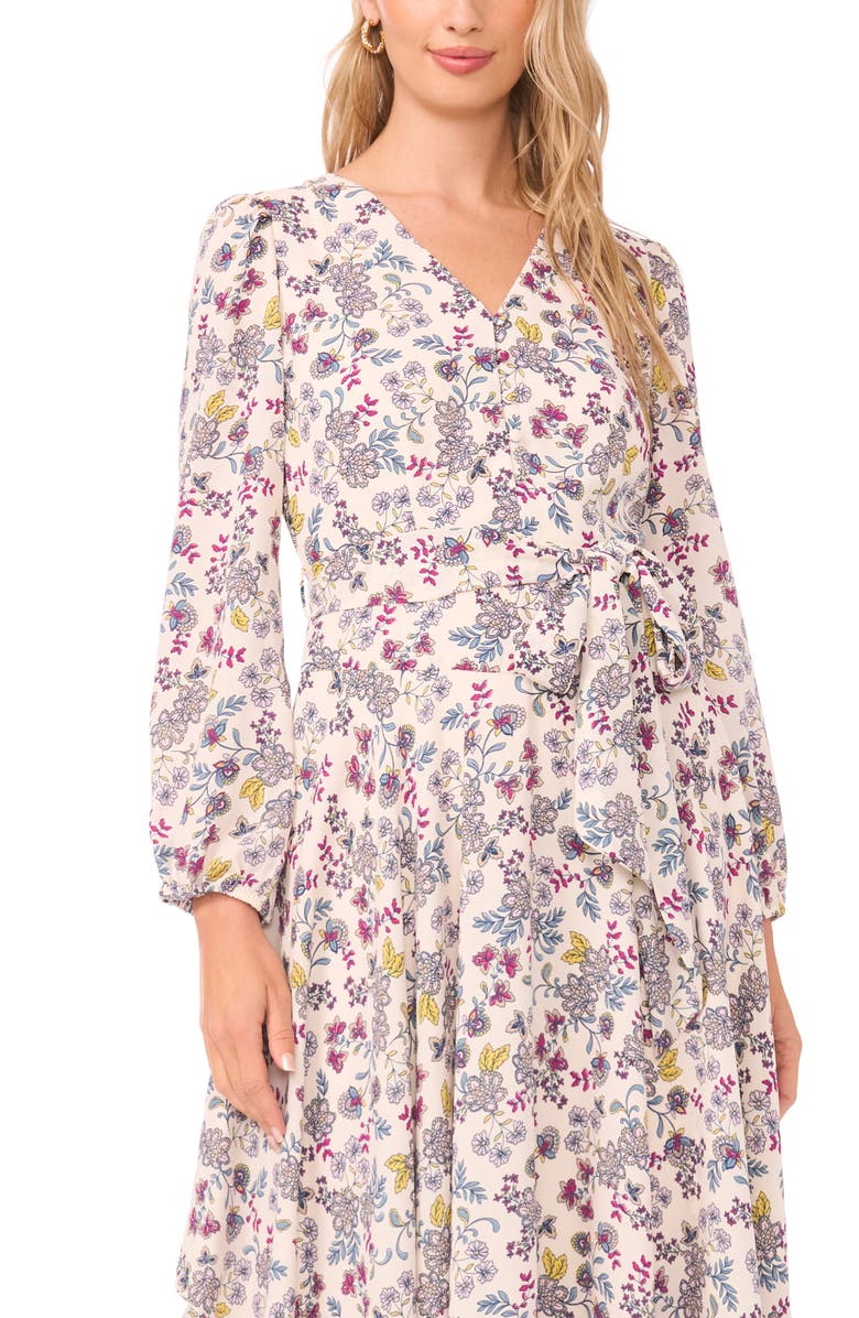 Vince Camuto Floral Long Sleeve Asymmetric Hem Dress, Alternate, color, Birch
