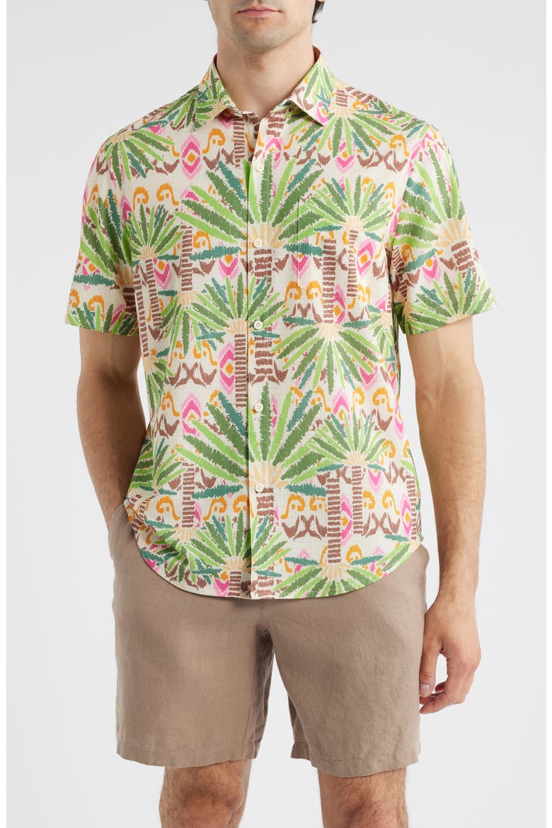 Bahama Coast Palm Pointed IslandZone® Short Sleeve Button-Up Shirt, Main, color, VANILLA CREAM