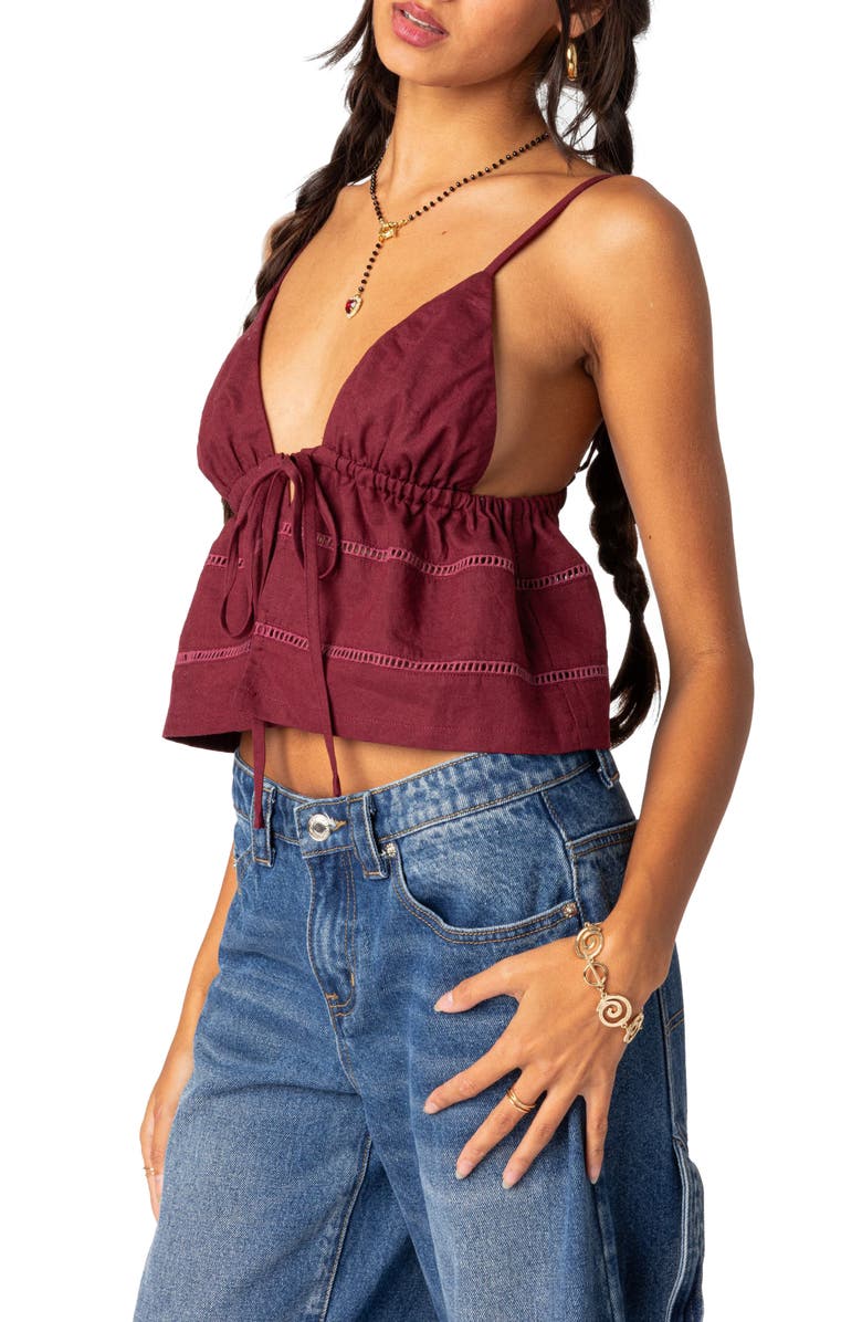 EDIKTED Candy Tie Front Crop Camisole, Alternate, color, Burgundy