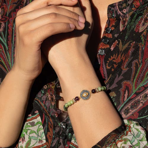 Karma And Luck Defensive Trio Jade Stone Evil Eye Bracelet In Green/purple/gold