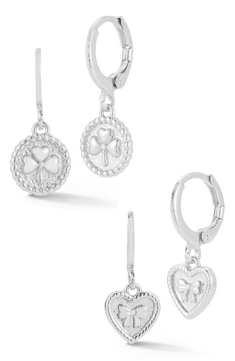 Set of 2 Clover & Bow Drop Huggie Hoop Earrings