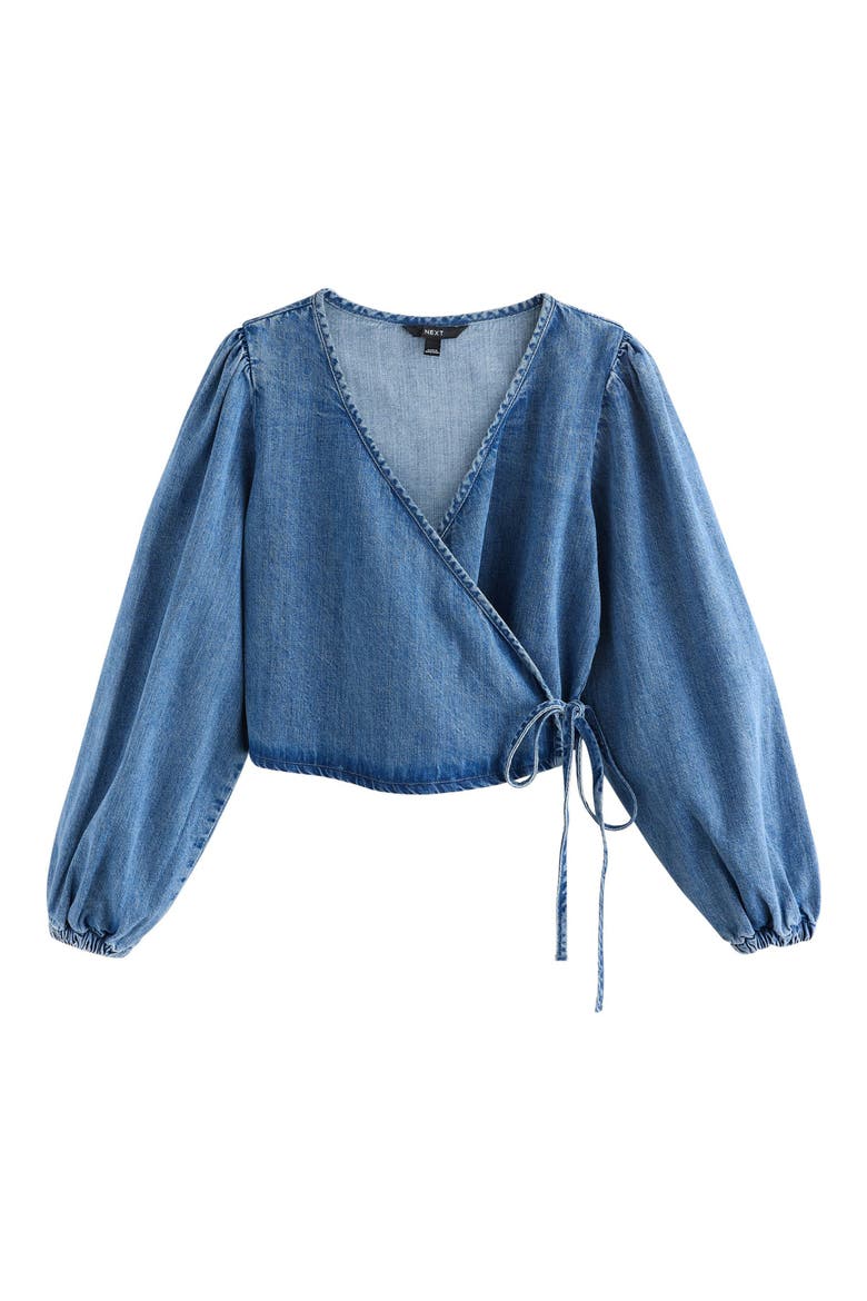Denim Wrap Top, Main, color, MID BLUE DENIM