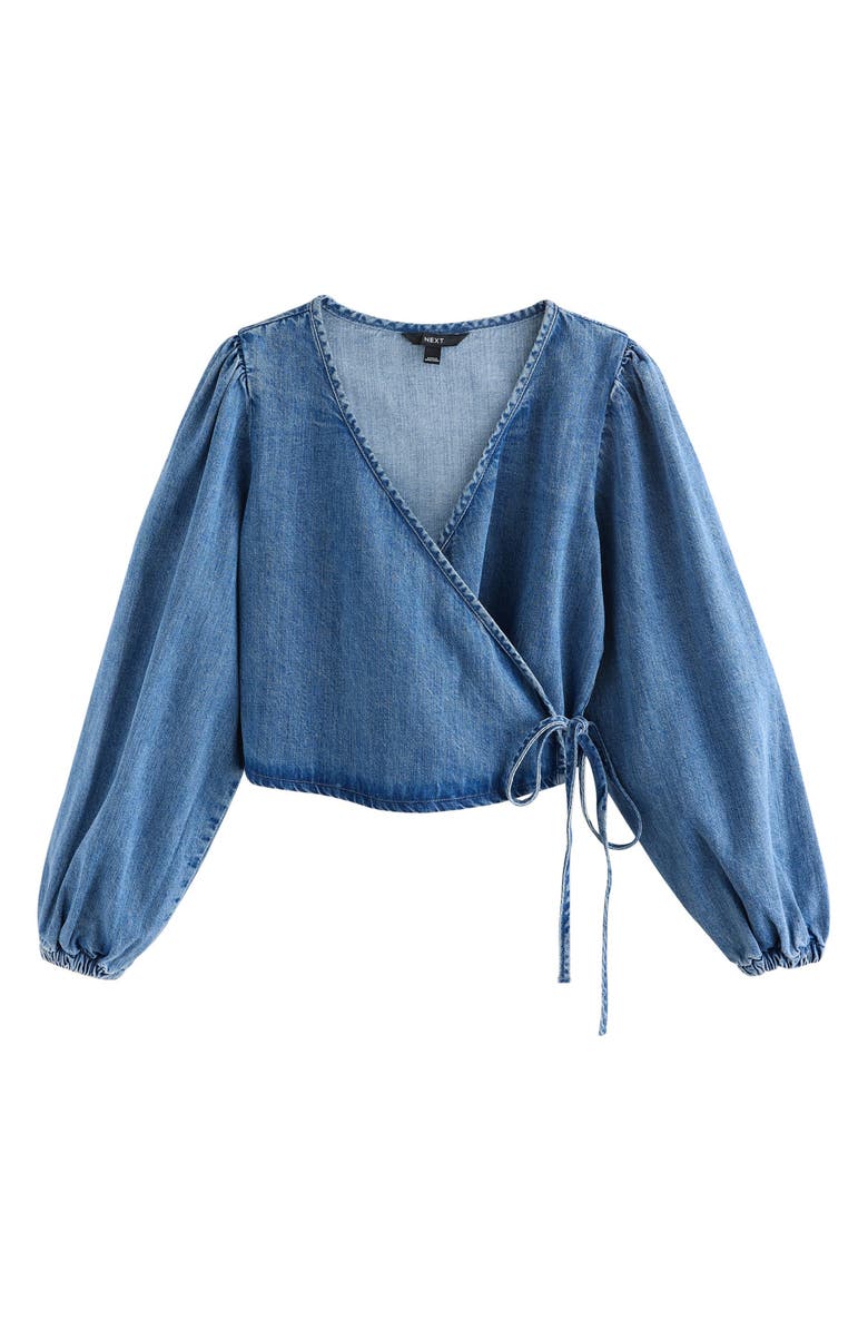 NEXT Denim Wrap Top, Main, color, Mid Blue Denim