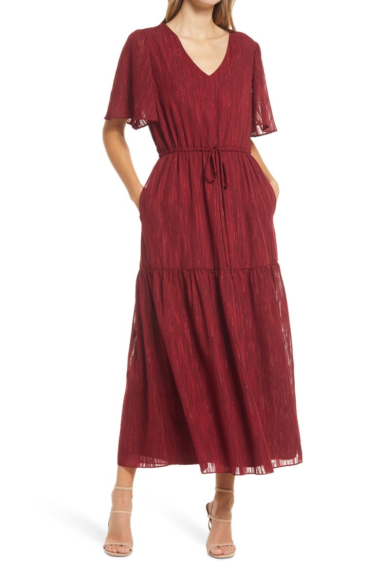 Donna Ricco V-Neck Flutter Sleeve Maxi Dress, Main, color, WINE