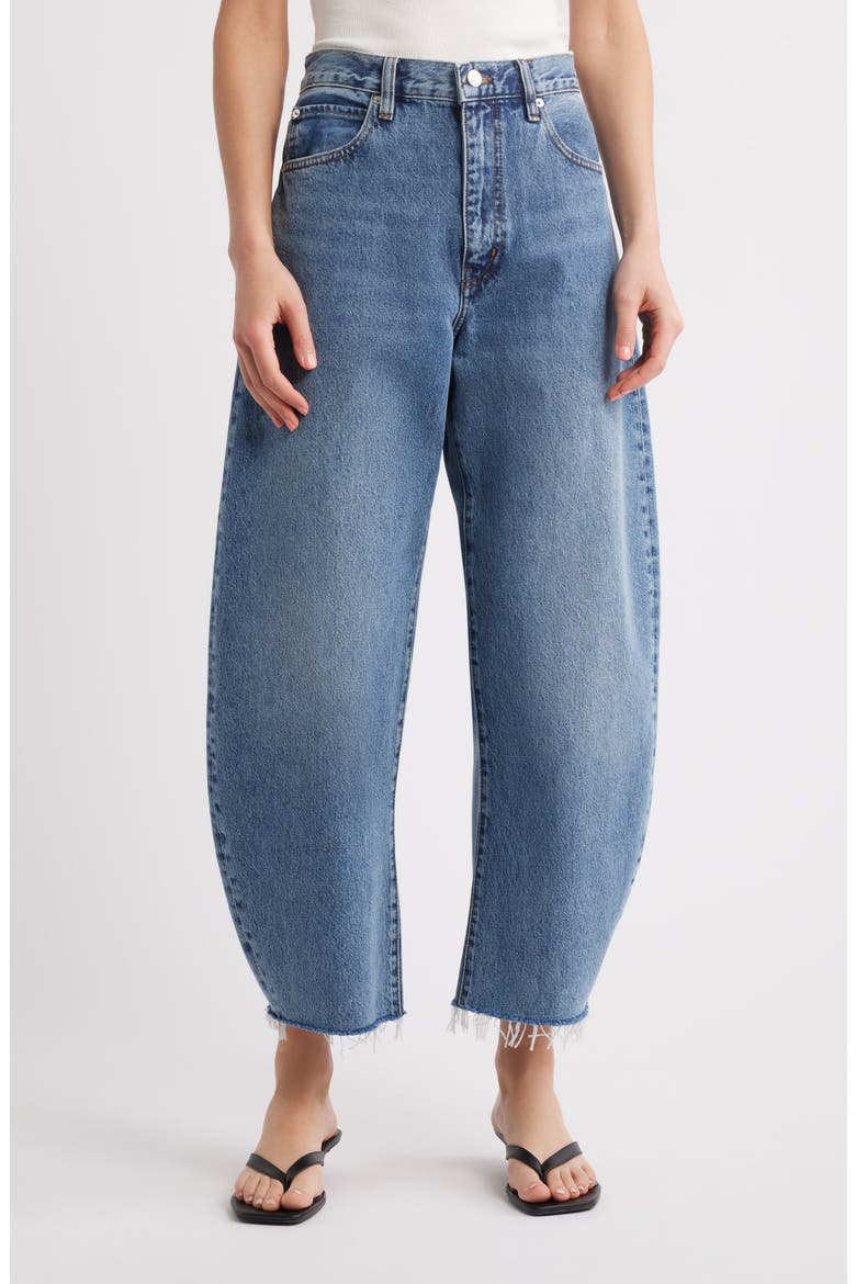 The Bubble Raw Hem Crop Barrel Leg Jeans, Main, color, KNOCK OUT RAW FRAY