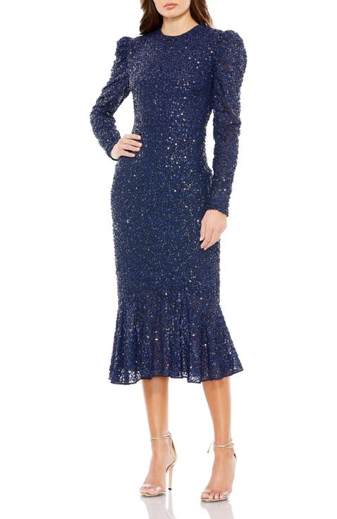 Sequined Long Sleeve High Neck Trumpet Dress
