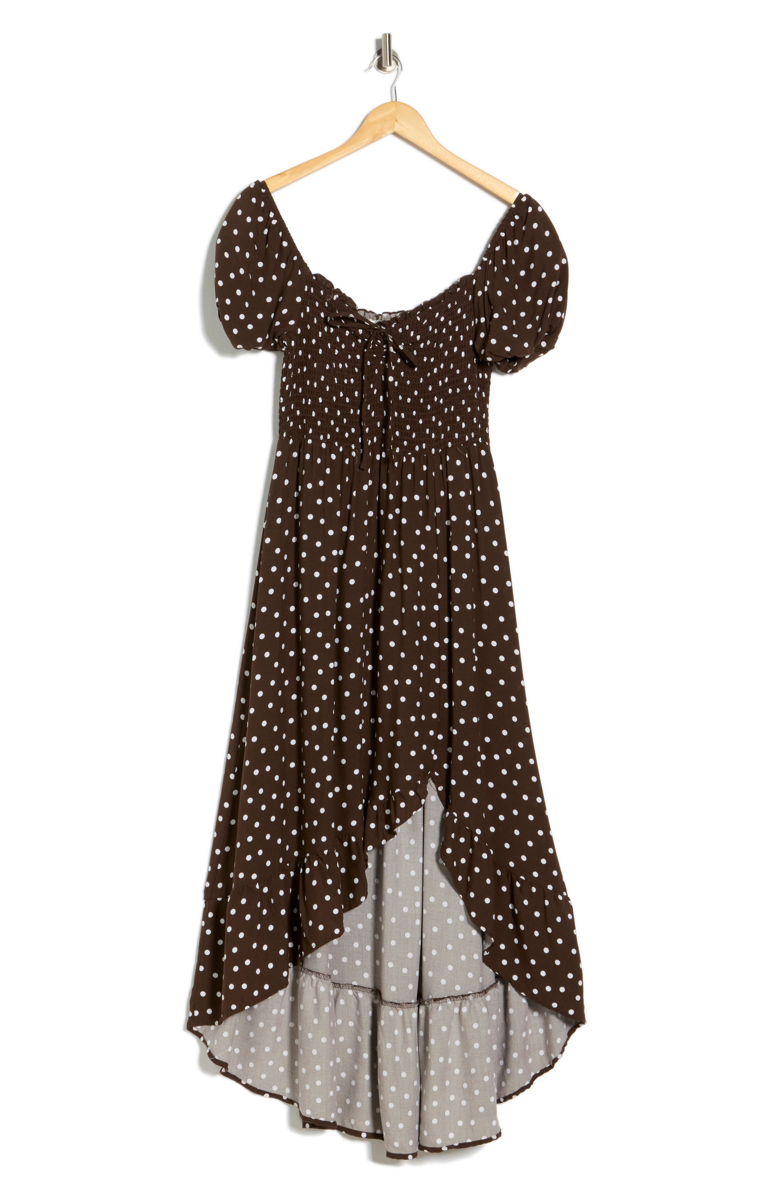 Madden Girl Smocked Puff Sleeve High-Low Midi Dress