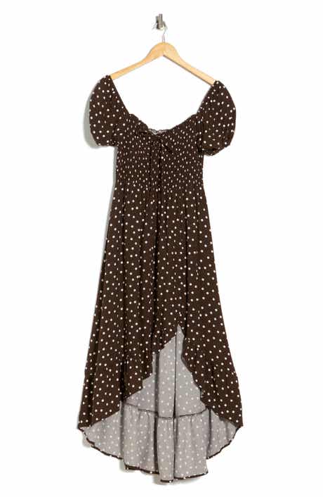 Madden Girl Smocked Puff Sleeve High-Low Midi Dress