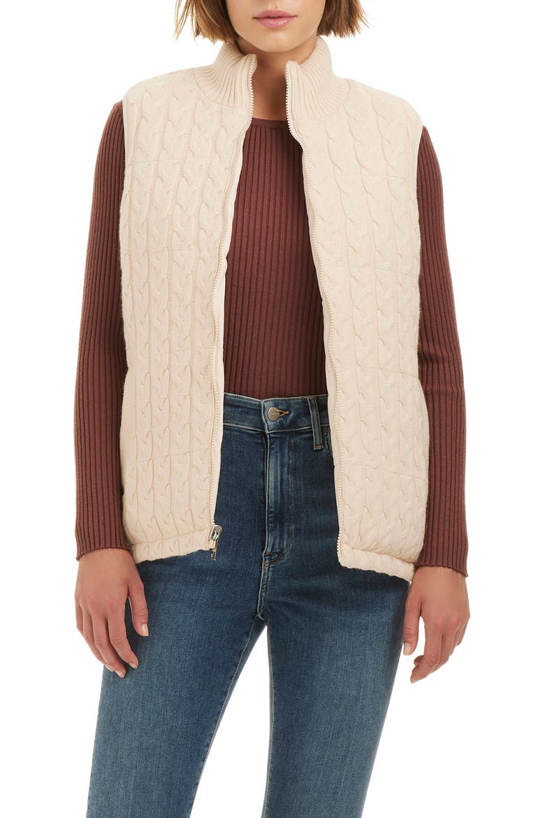 Reversible Zip Cable Stitch & Puffer Vest, Alternate, color, VANILLA LATTE