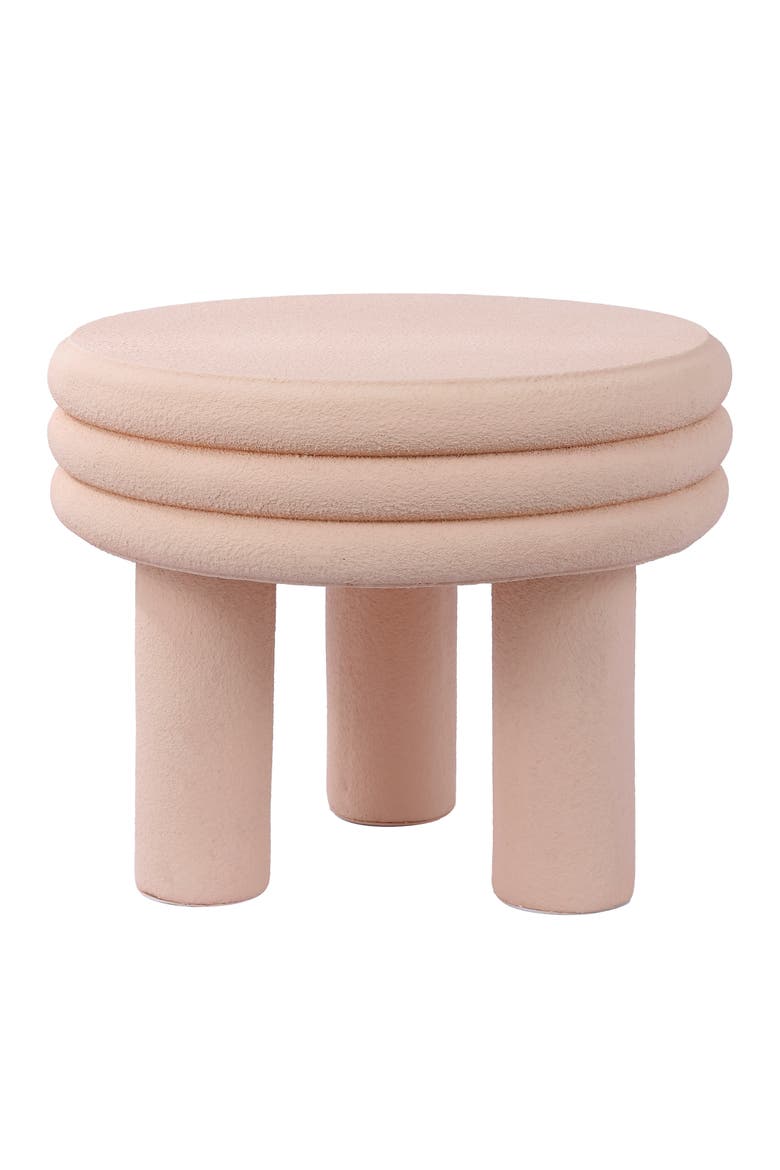 Rashida Modern Round Polyresin Indoor/Outdoor Low Accent Coffee Table, Chunky Ribbed Tripod Base, All-Weather, Main, color, Pink Frosted