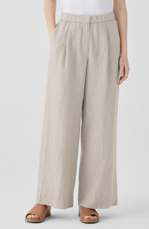 Pleated High Waist Organic Linen Wide Leg Pants (Petite)