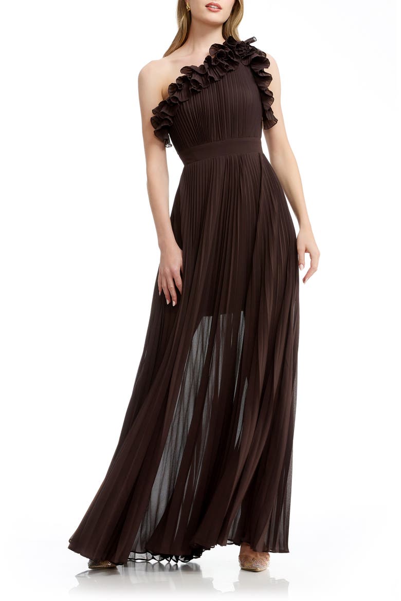 Vida One-Shoulder Pleated Chiffon Gown, Main, color, MOCHA