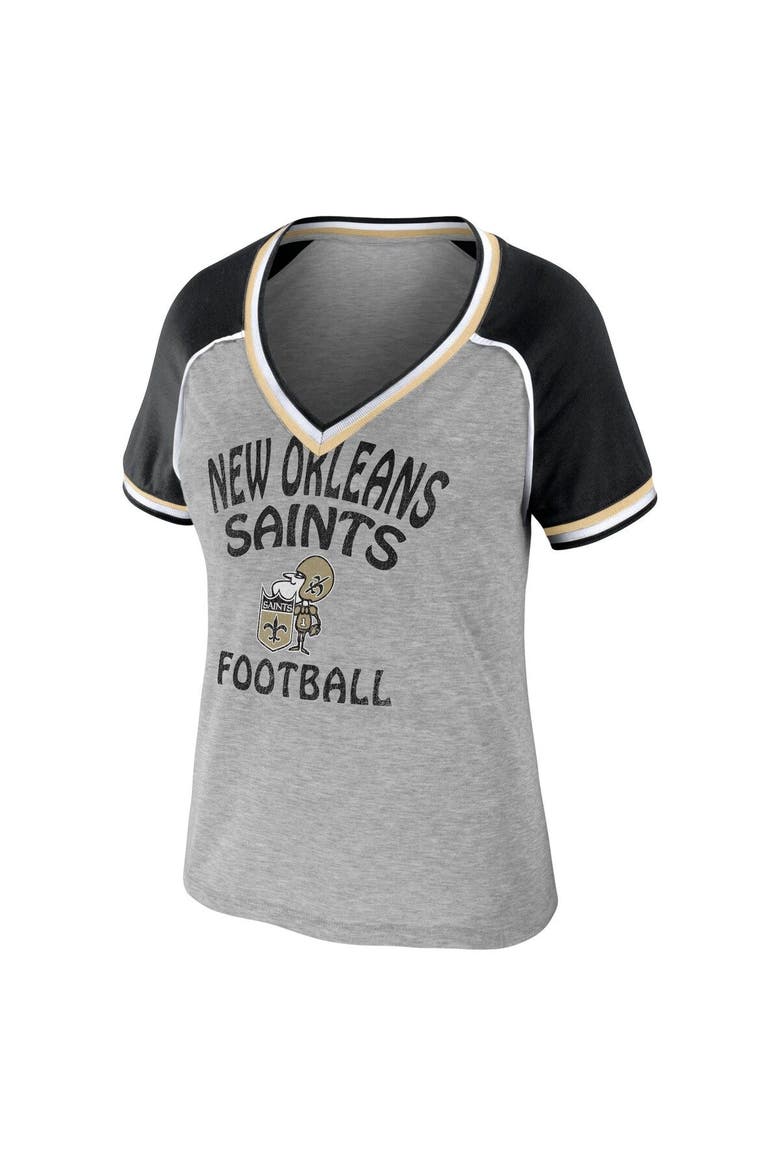 Women's WEAR by Erin Andrews Heather Gray New Orleans Saints  Throwback Raglan V-Neck T-Shirt, Alternate, color, Heather Gray