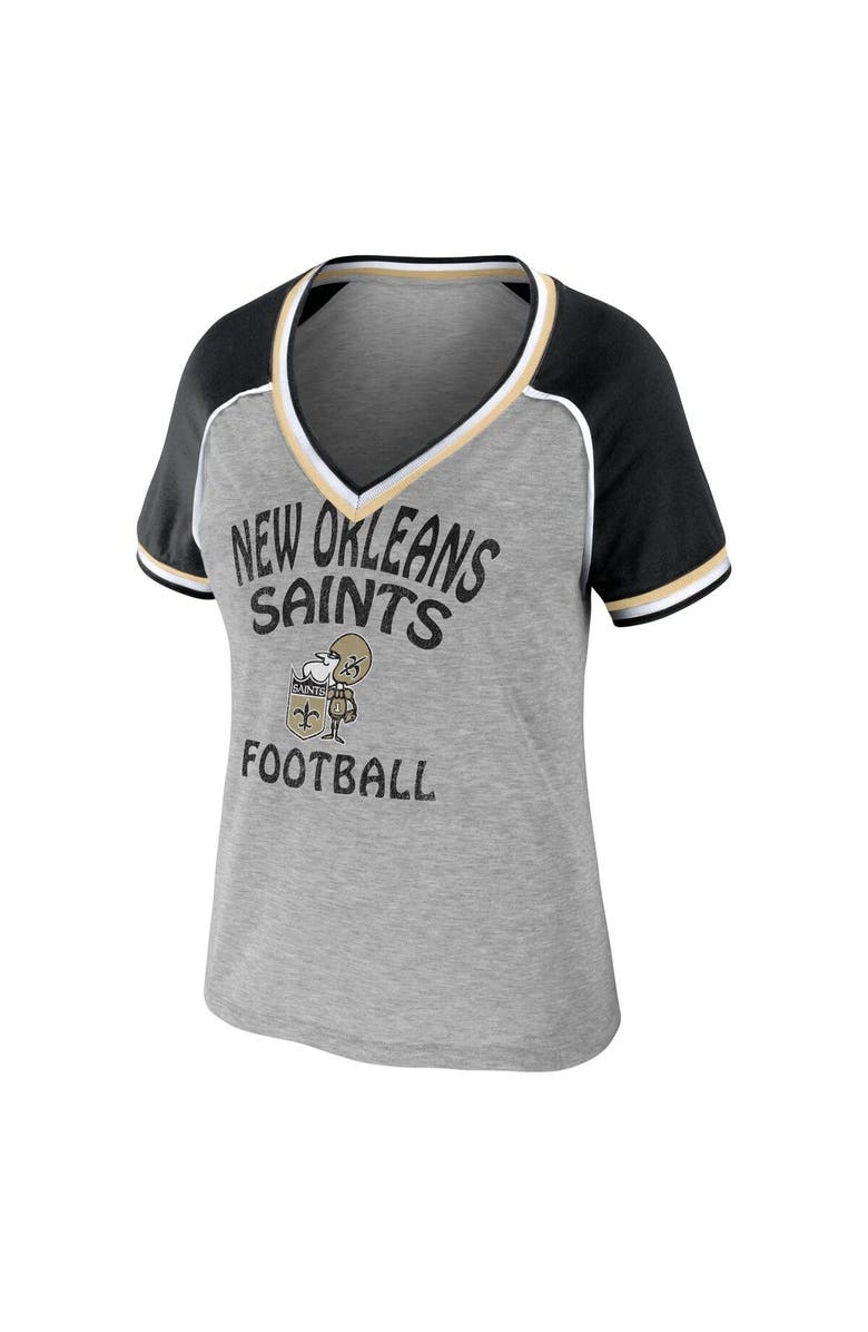 WEAR by Erin Andrews Women's WEAR by Erin Andrews Heather Gray New Orleans Saints  Throwback Raglan V-Neck T-Shirt, Alternate, color, Heather Gray