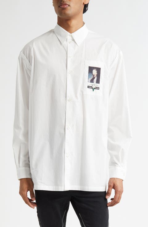 Beaded Floral Embroidered Patch Cotton Button-Up Shirt