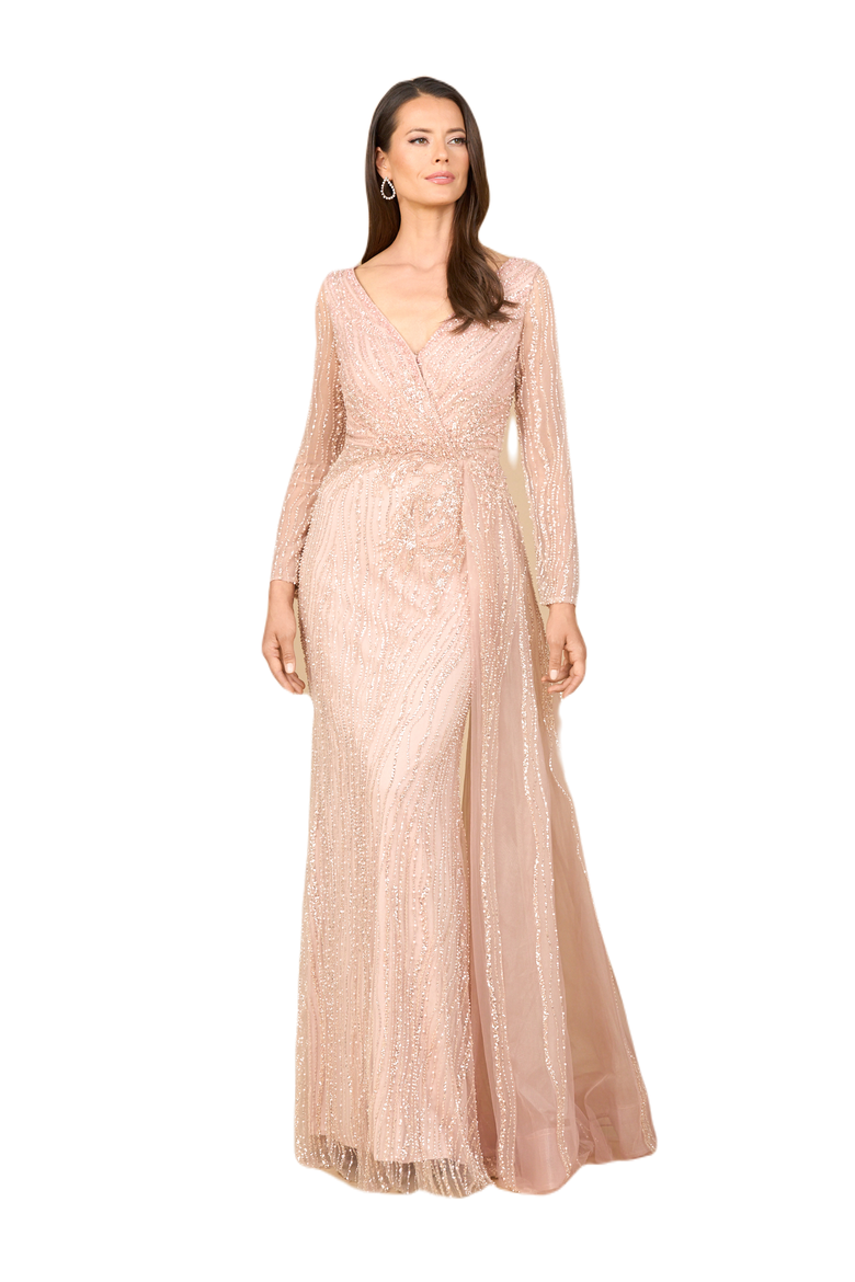 Long Sleeve V-Neck Gown with Drape, Main, color, Blush