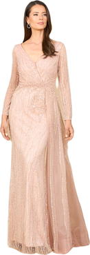LARA New York Long Sleeve V-Neck Gown with Drape