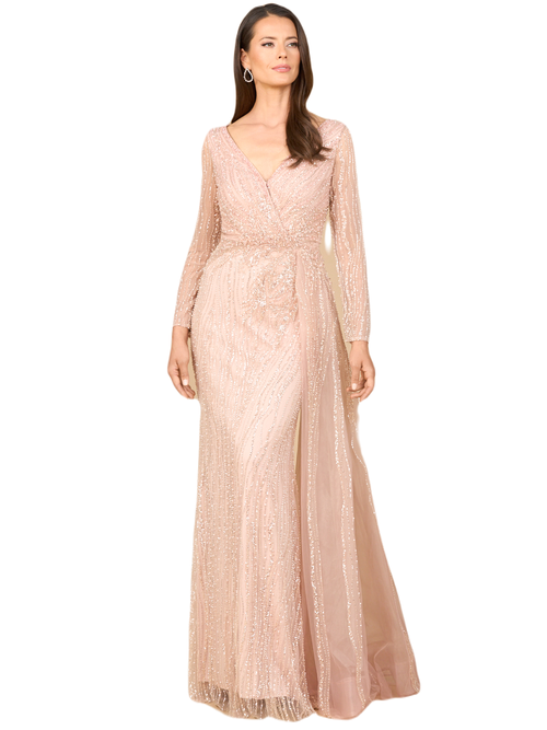 Lara New York Long Sleeve V-neck Gown With Drape In Blush
