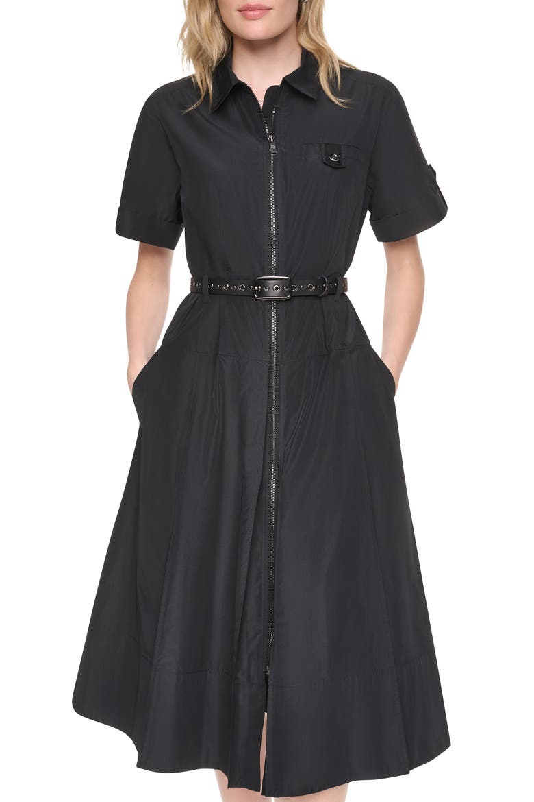 Zip Front Taffeta Shirtdress, Alternate, color, BLACK