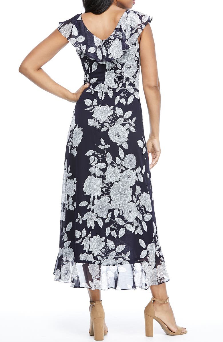 London Times Floral Ruffle Sleeveless Faux Wrap Maxi Dress, Alternate, color, Navy/ White