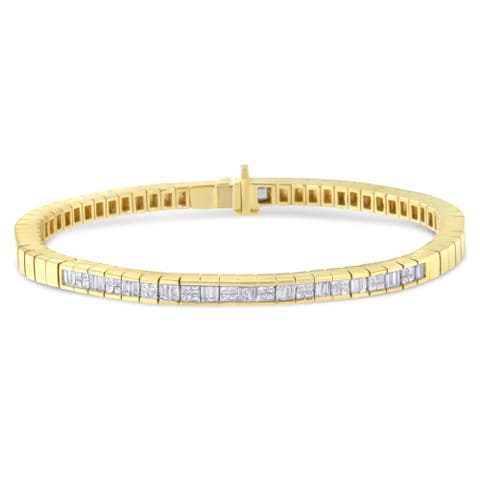 14K Yellow Gold 1-1/10 Cttw Princess & Baguette Cut Diamond Alternating Stone Eternity Tennis Bracelet