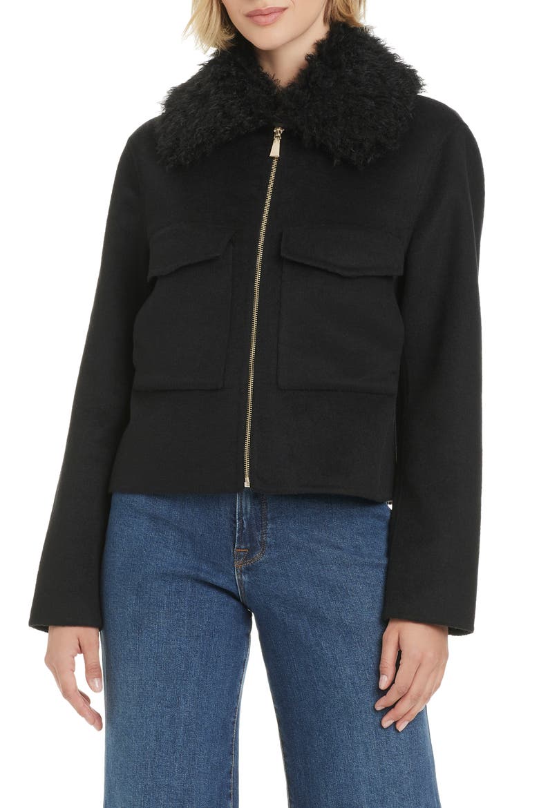 Wool Blend Jacket with Removable Faux Shearling Collar, Main, color, BLACK