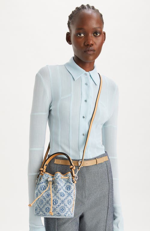 Tory Burch Mini T Monogram Denim Bucket Bag In Powder Blue