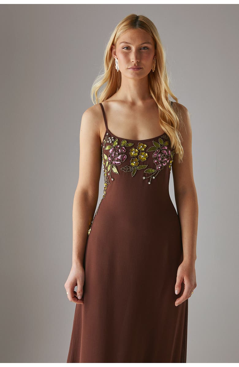 Warehouse Embellished Strappy Sequin Midi Dress, Alternate, color, Chocolate