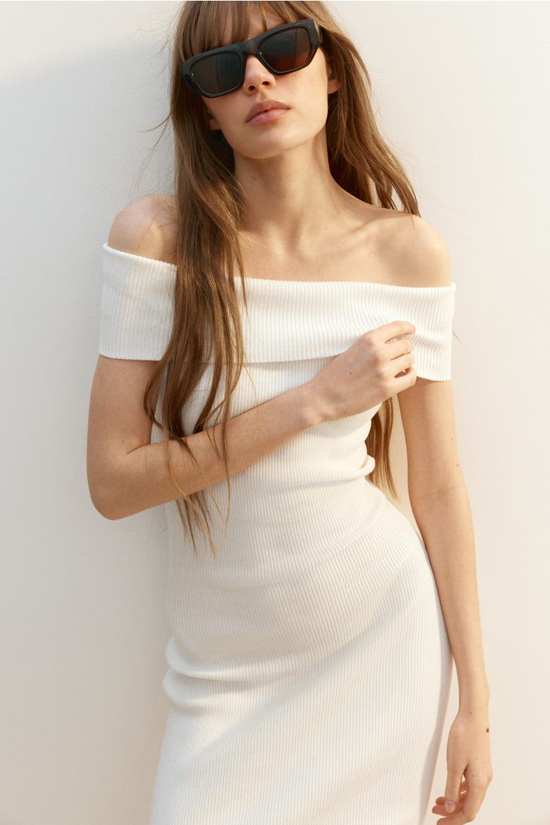 Ribbed Off-the-shoulder Dress, Alternate, color, White