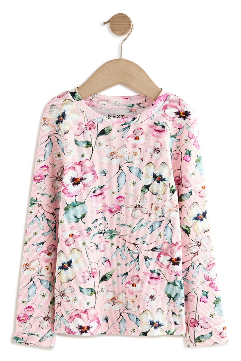 Kids' Floral Print Rib Long Sleeve Top, Main, color, PINK