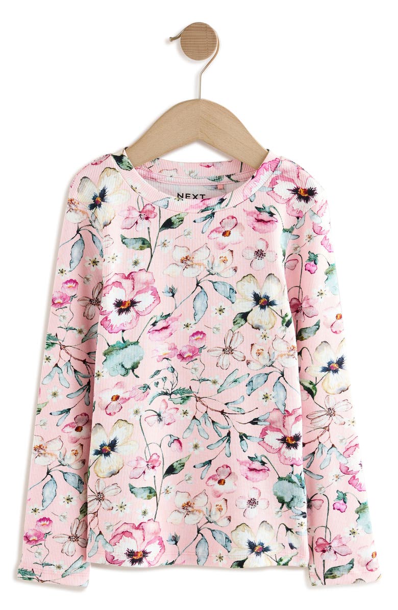 NEXT Kids' Floral Print Rib Long Sleeve Top, Main, color, Pink