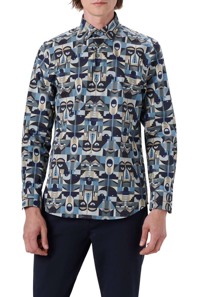 Shaped Fit Abstract Print Stretch Cotton Button-Up Shirt, Main, color, STEEL