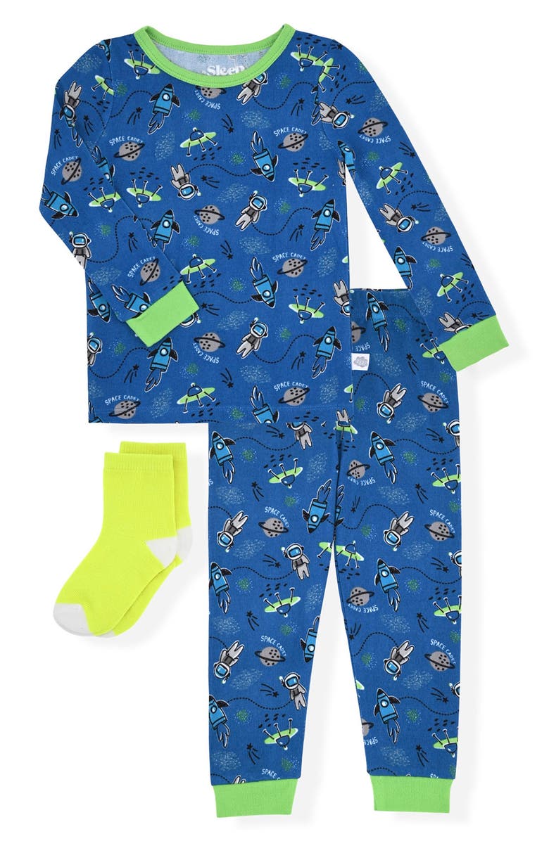 SLEEP ON IT Fitted Two-Piece Pajamas & Socks Set, Main, color, Blue
