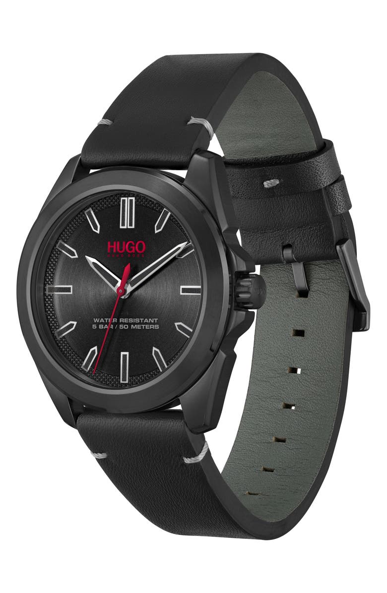 HUGO #Adventure Leather Strap Watch, 42mm, Alternate, color,