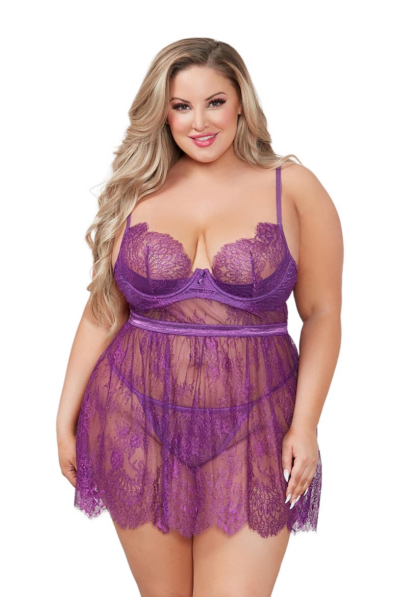 Lace Underwire Babydoll & Tanga Set, Alternate, color, PURPLE