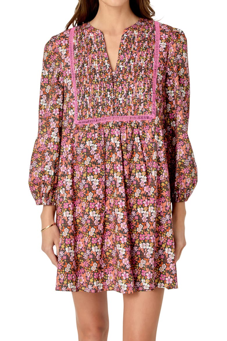 Floral Print Pintuck Cotton Minidress, Alternate, color, PINK