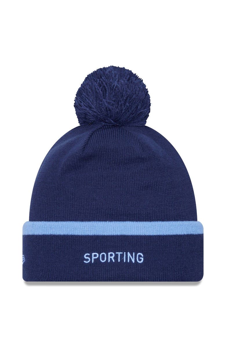 New Era Men's New Era Navy Sporting Kansas City Wordmark Kick Off Cuffed Knit Hat with Pom, Alternate, color, 