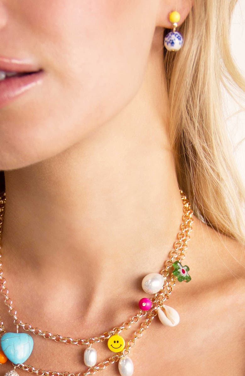 Ettika Chinoiserie Imitation Pearl Drop Earrings, Alternate, color, Blue/ Yellow Multi