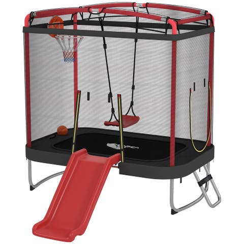 Kids Trampoline with Slide, Swing, Basketball Hoop and Safety Enclosure