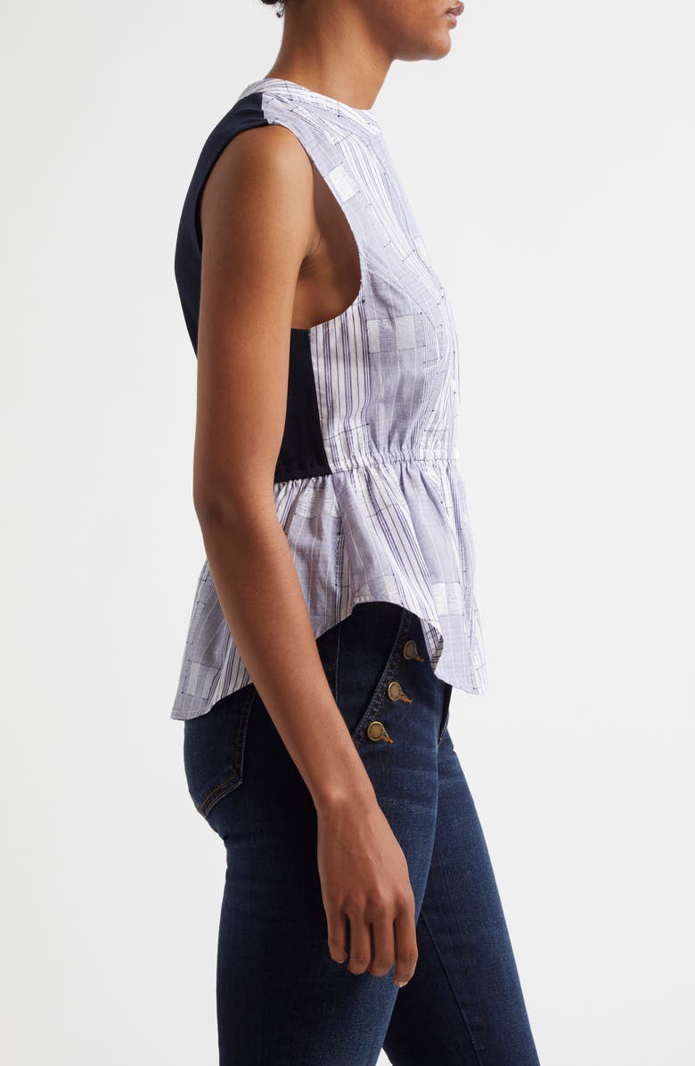 Ramy Brook Kezia Sleeveless Metallic Mixed Media Peplum Button-Up Shirt, Alternate, color, Navy Patchwork