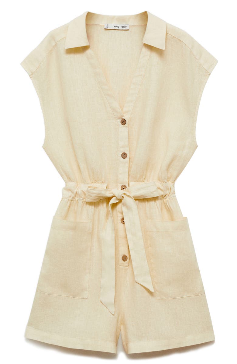 MANGO Drawstring Waist Linen Romper, Alternate, color, Pastel Yellow