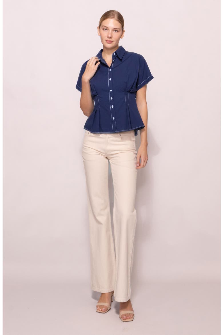 Godet Short Sleeve Button-Up Shirt, Alternate, color, NAVY