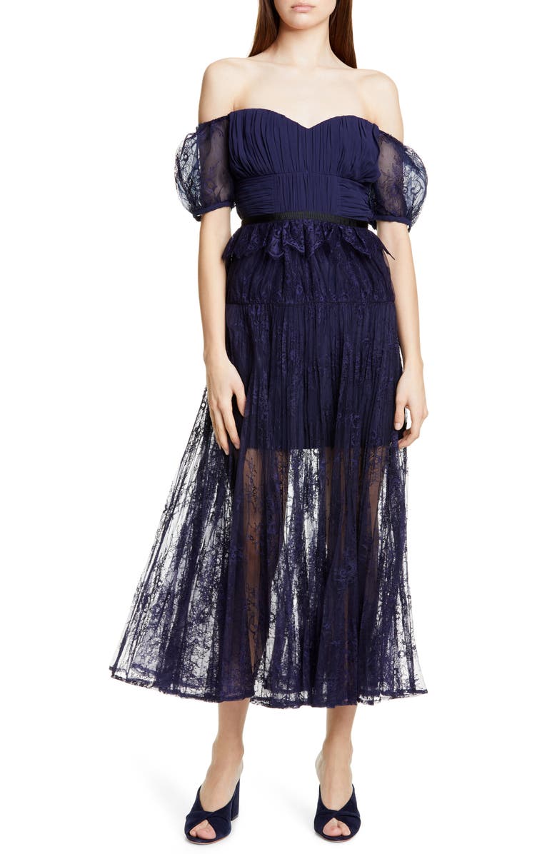 Self-Portrait Off the Shoulder Floral Lace Midi Dress, Main, color,