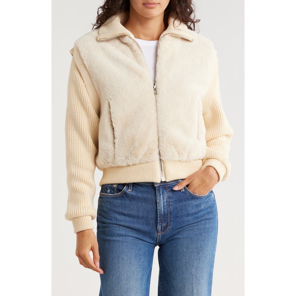 Blanknyc Mixed Media Faux Fur Bomber Jacket In Neutral